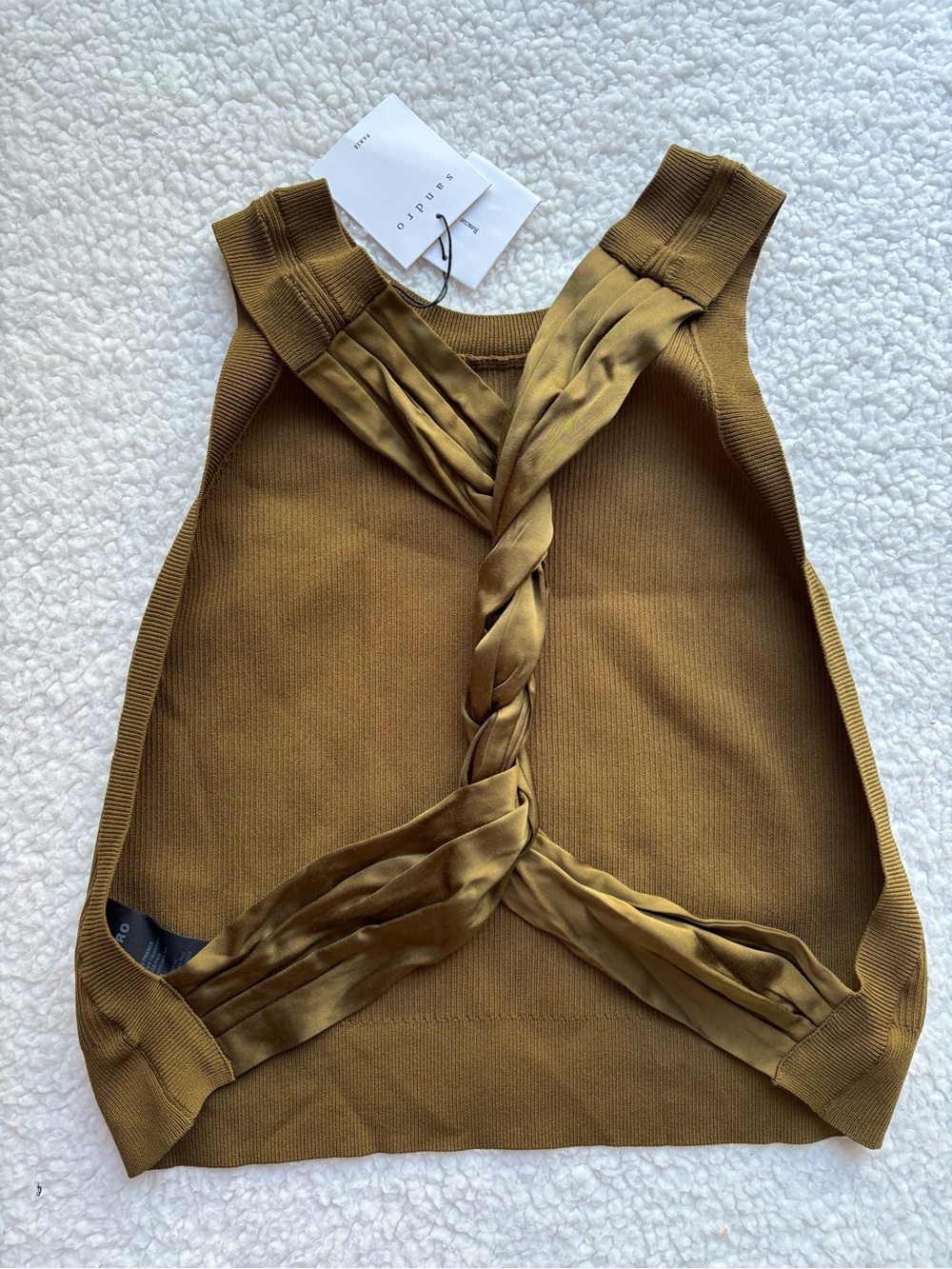 NWT Sandro Twist Back Knit Vest Top Olive Green Ribbed & Satin Tank (size 4)